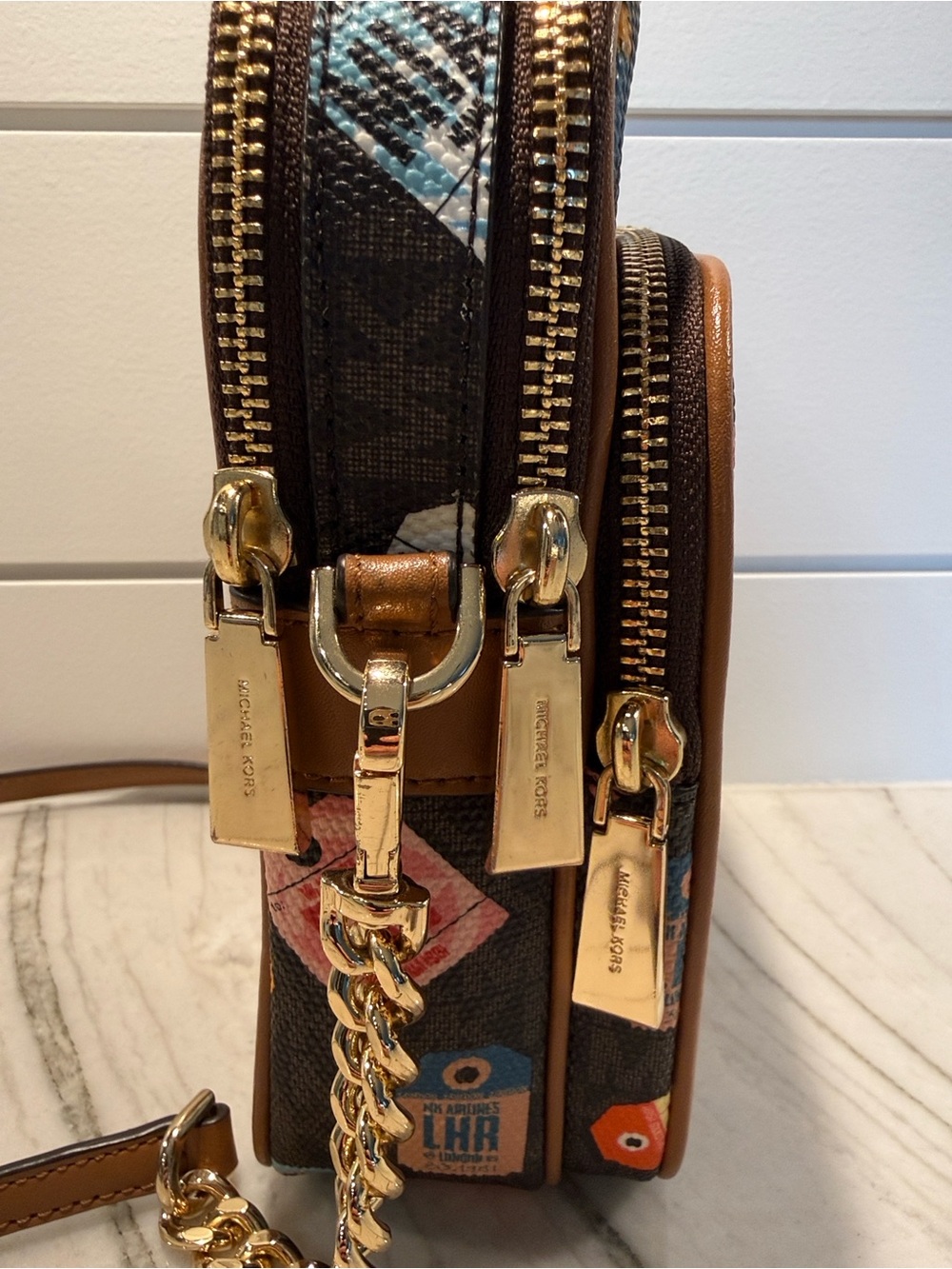 Michael Kors Brown Logo Crossbody with Multicolor Tag Print - Picture 3 of 10